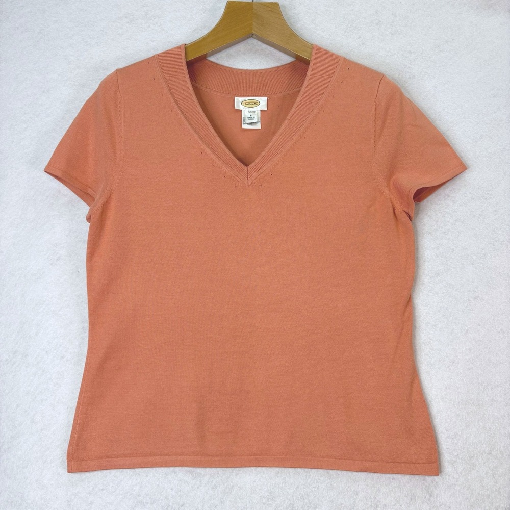 Talbots‎ Orange Silk Blend V-Neck Knit S/S Top Womens L Classic Preppy Capsule